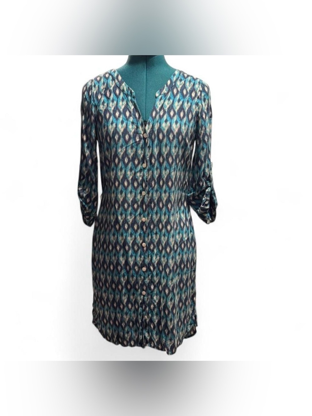 Lucky Brand Teal and Navy Ikat Button-Front Long Sleeve Dress